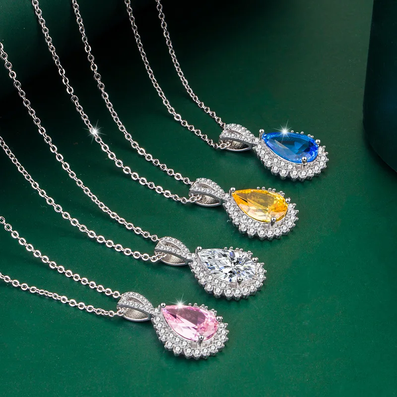 

Colorful Diamond Water Drop Shiny Pendant Full Diamond Zircon Clavicle Chain Temperament Luxury Bride Wedding Jewelry Wholesale