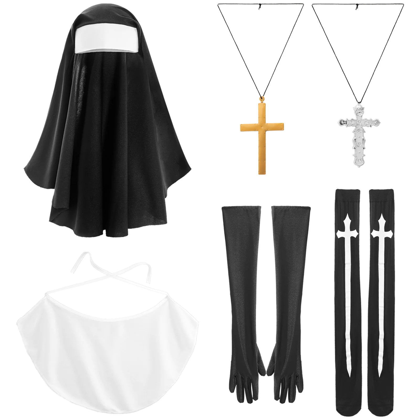 Nun Missionary Costume Nun Hat Priest Cross Headdress Silk Tube Stockings Gloves Plastic Cross Necklace Halloween Cosplay Suit