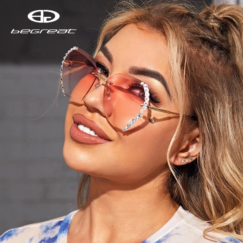 

BEGREAT Vintage Fashion Oversized Rimless Sunglasses Women Famous Luxury Brand Design Sexy Diamond Square Sun Glasses For Female
