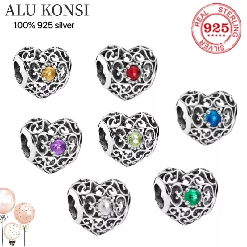 

100% Серебро 925 пробы, новинка, камень для дня рождения 12 месяцев, ажурные подвески, изящные бусины, подходят к оригинальному браслету Pan для же...