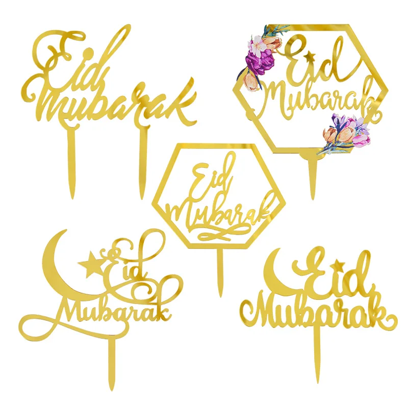 

1Pc Shiny Gold Eid Mubarak Moon Acrylic Cake Topper Ramadan Kareem Decoration Hajj Mubarak Muslim Party Dessert Flags Decor