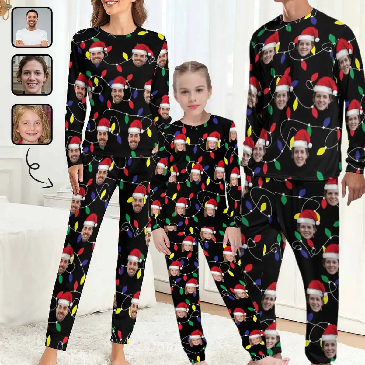 

Colored Light Bulbs Face Pajamas Custom Face Christmas Family Matching Long Sleeve Pajama Set Personalized Photo Loungewear