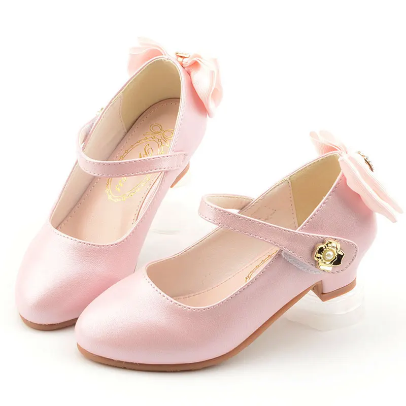 

Leather Shoes for Girls Low-Heeled Princess Shoes Girl Anti-Slippery Children's Shoes Bowtie Little Girls Heels Pink Footwear