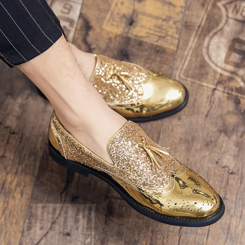 

Spring Men's Gold Wedding Leather Shoes Business Party Leather Shoes High Quality Soft Sole Flat Shoes Outdoor Casual Shoes