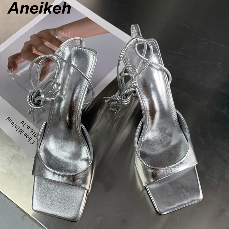 

Aneikeh Fashion Sexy Party Prom Shoes Women's Open Toe PU High Heel Sandals 2024 Summer Lace Up Roman Heels Size 35-39