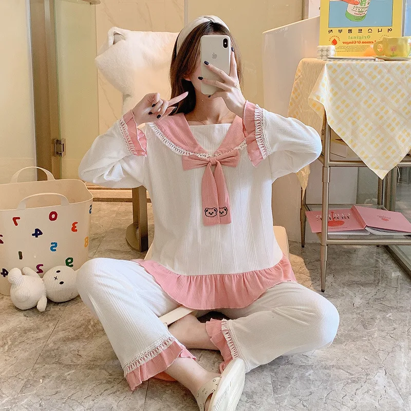 

Women Spring New Solid Loose Suit Long Sleeve Soft Comfortable Cotton Nightclothes Lady Leisure Daily Pajamas Set Sleepwear