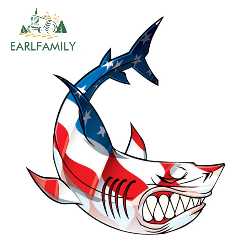 

EARLFAMILY 13cm x 11.9cm Shark Predator with American Flag Vinyl Car Sticker Bumper Car Truck Decals Waterproof Car Accessories