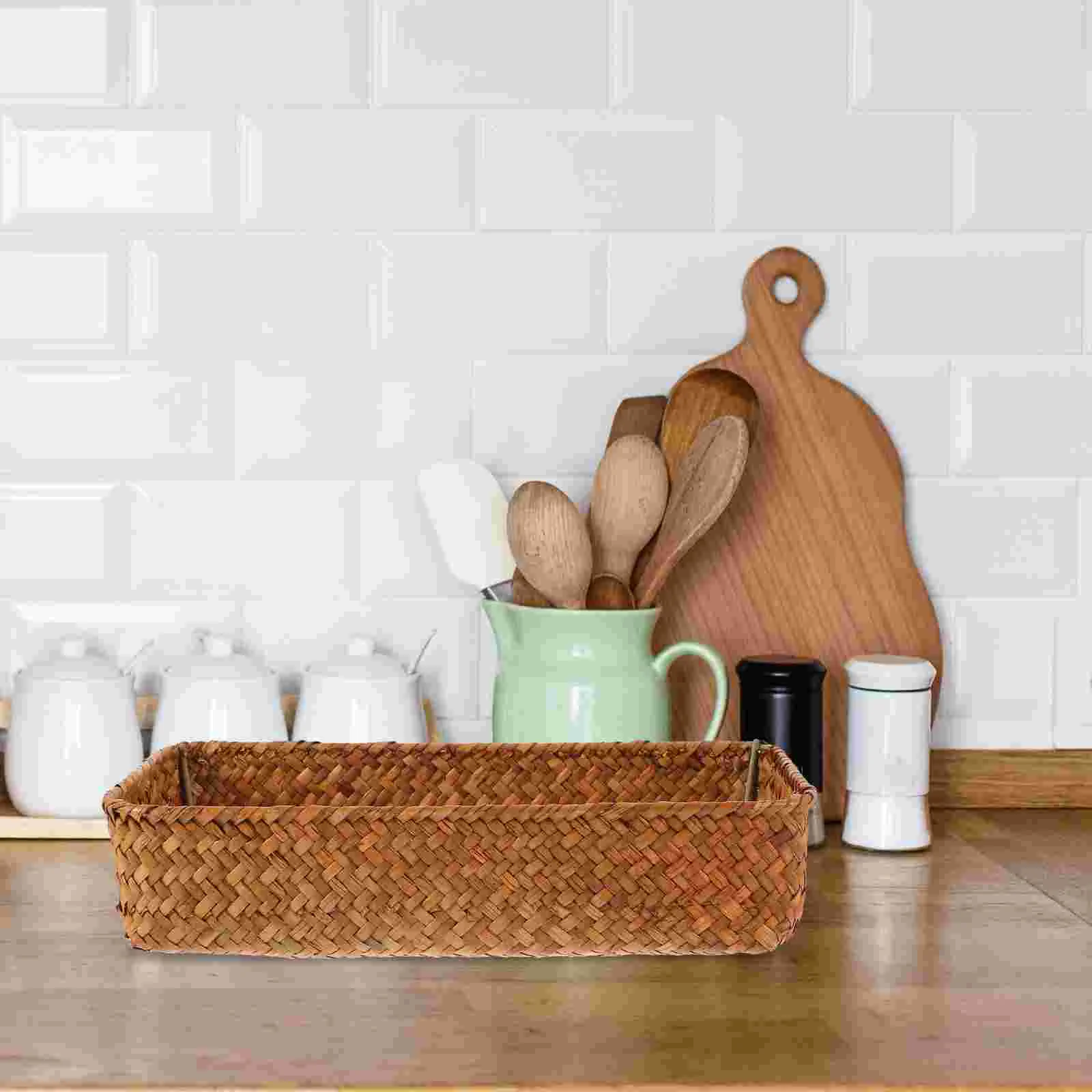 

Cutlery Storage Basket Woven Desktop Sundry Tray Sundries Holder Organizer Straw