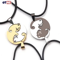 1 pair splice cat couple necklace stainless steel love heart round pendant necklace fashion jewelry unisex gift valentines day