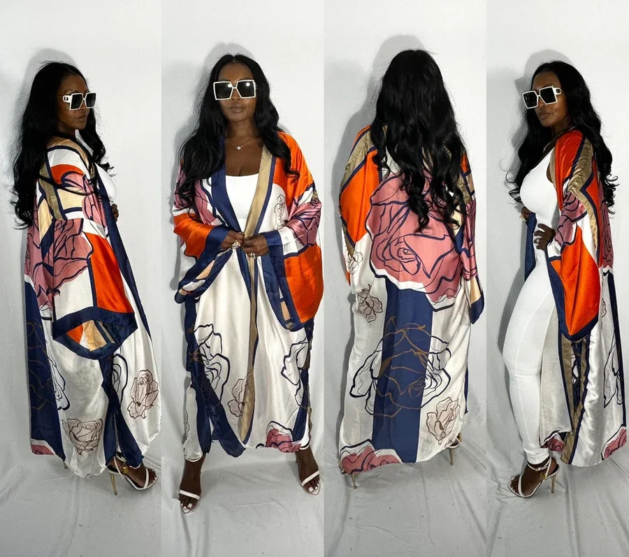 Африканская Летняя мода женский Шелковый Свободный длинный кардиган с принтом в