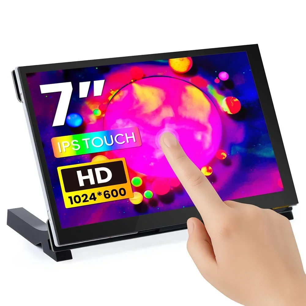 Фото 7-дюймовый IPS DSI сенсорный экран 1024*600, монитор с 5-точечным емкостным управлением, совместимый с RPI 5, 4B, 3B+, 3B/BB, черный, с профессиональной подставкой №1