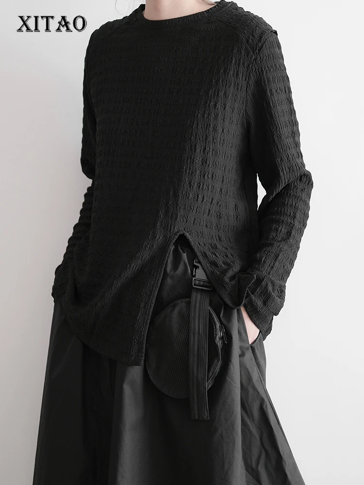 

XITAO Casual Folds T-shirt Irregular Skit Women Black Top Autumn New Simplicity Loose All-match O-neck Pullover T-shit ZY7735