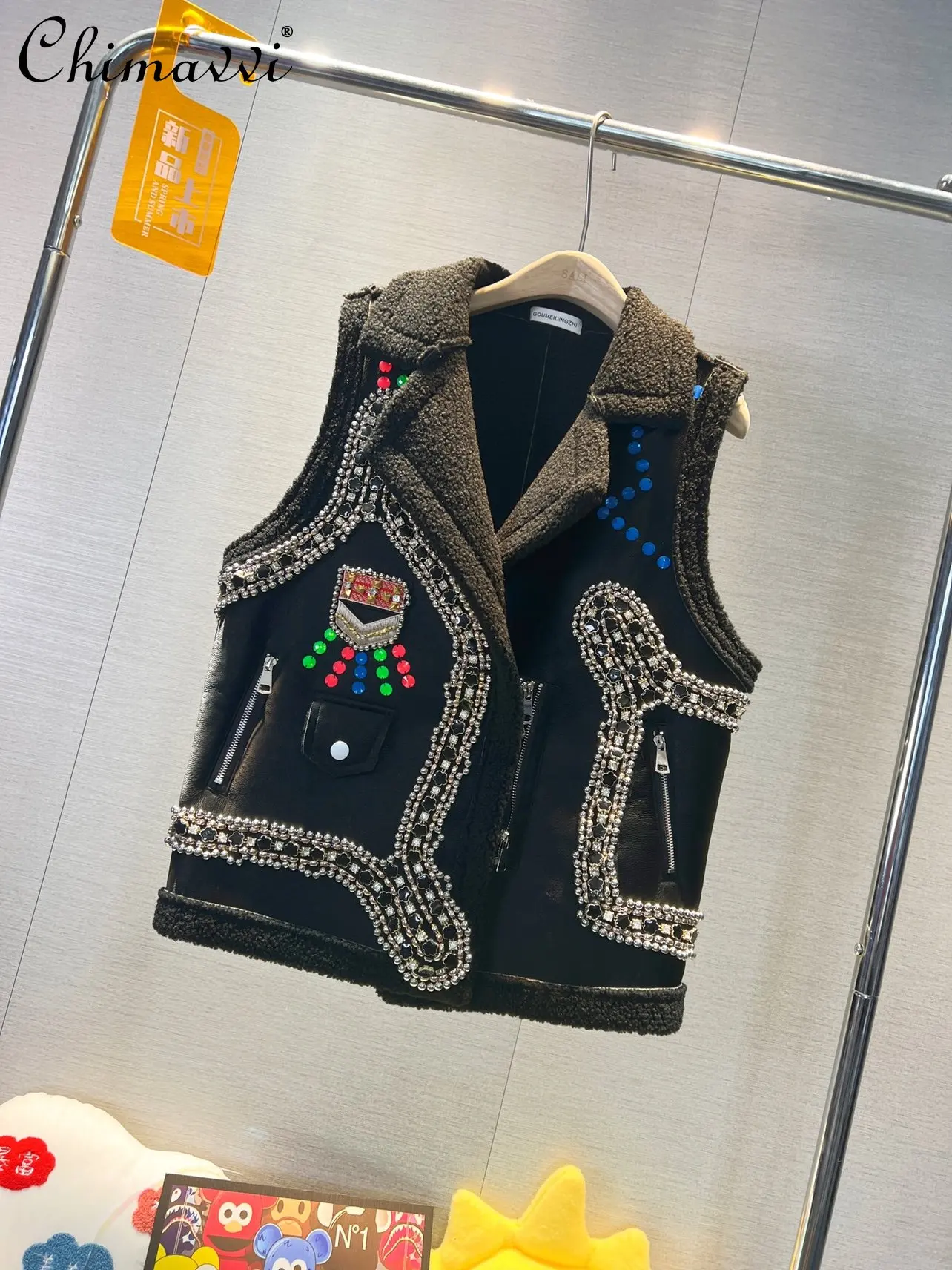 

European Station 2022 Autumn Winter New Fashion Lambswool Washed Leather Vest Loose Streetwear Mid-Length Heavy Beads Vests Coat