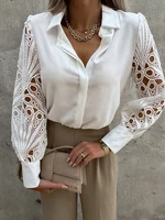 elegant fashion hollow out lace shirts womens clothing 2022 spring summer new office ladie v neck lantern sleeve white blouses