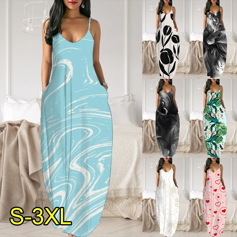 

Женское длинное свободное платье-макси на тонких бретельках, с текстурированным принтом