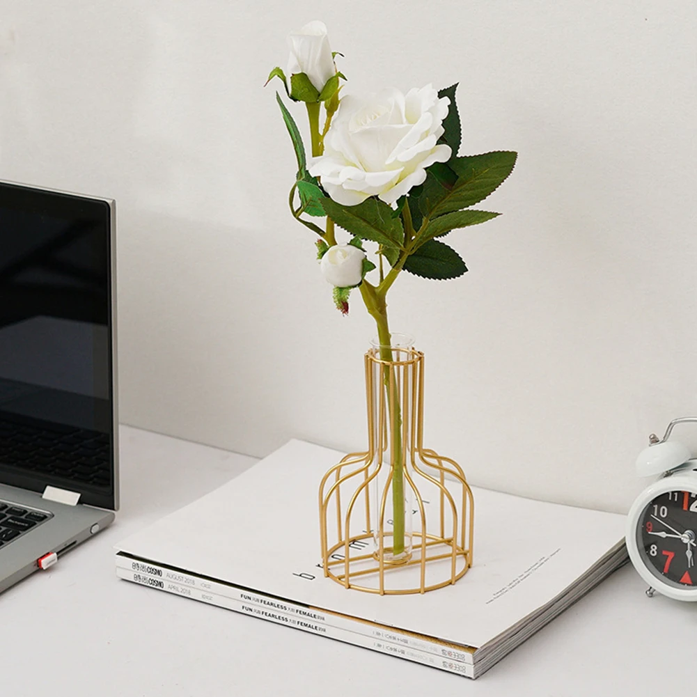 

1Pc Nordic Modern Simple Gold Glass Vase Hydroponic Plant Flower Vase Glass Test Tube Metal Plant Holder Modern Home Decor
