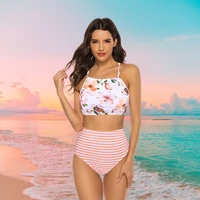 oversize orange floral and stripe 2 pieces romantic bikini set sexy hight waist tummy control swimwear beach suit