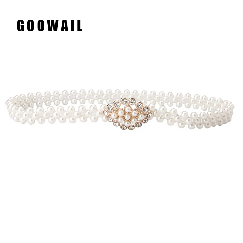 

Bling Rhinestone Pearl Designer Belt Luxury Fancy Stylish Metal Waist Chain Crystal Buckle Belts Fashion For Woman