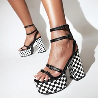women sandals 2022 summer luxury chunky high heels chessboard lattice party buckle elegant black white platform ladies shoes