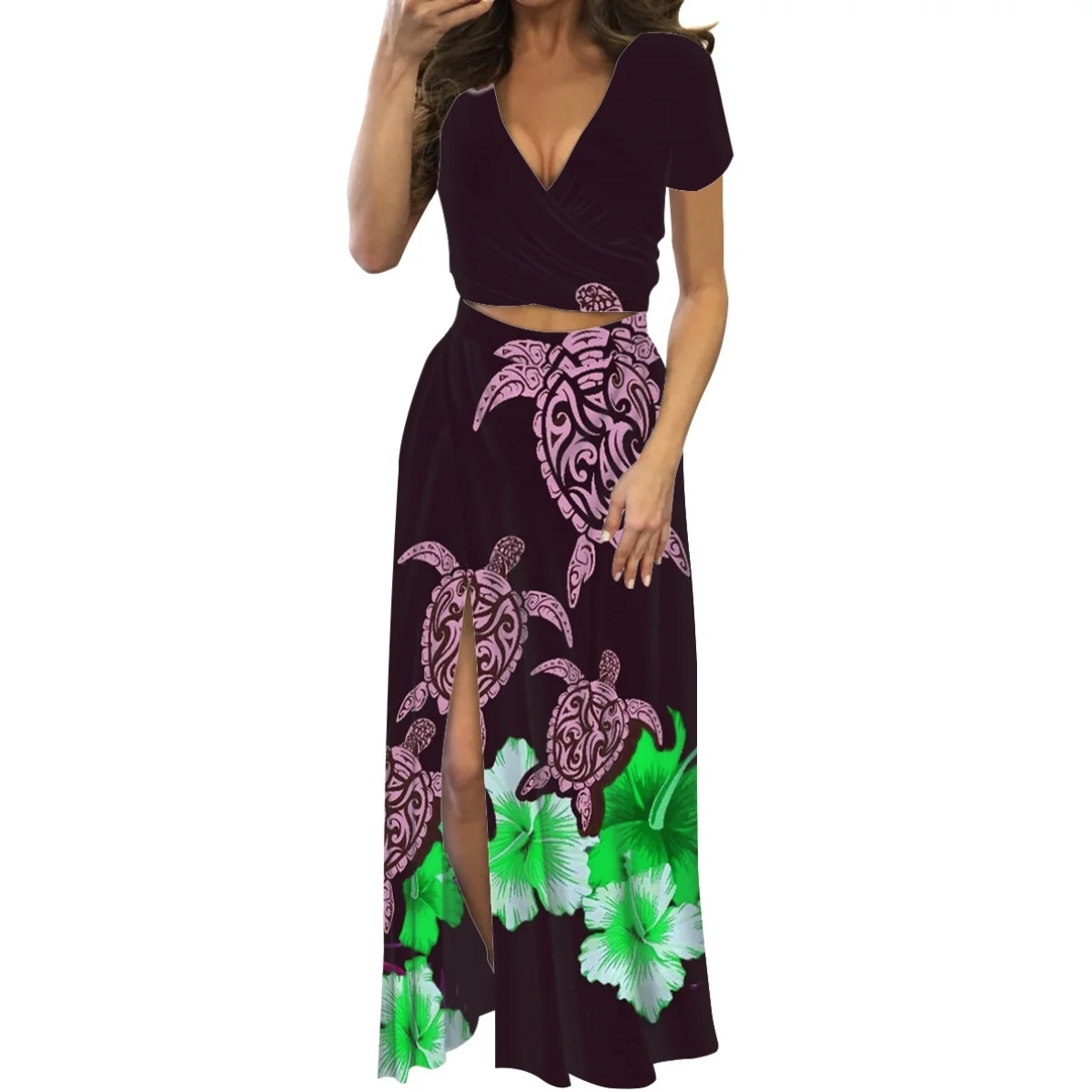 

HYCOOL Polynesian Tribal Purple Turtle Prints Fashion Dress Short Sleeve Long Elegant Two-Piece Women Clothing 2023 New Arrivals
