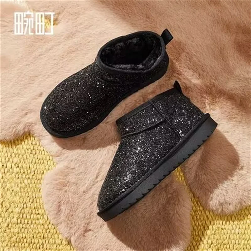

Thick bottom waterproof platform silver small sequins casual hand custom plus fleece warm boots large size women 35-40