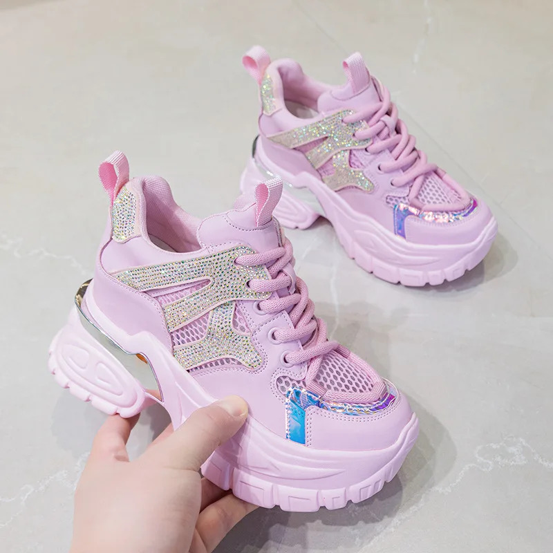 10.5cm Air Mesh Hollow Female Platform 2023 Wedge Chunky Sneakers Genuine Leather Comfy Rhinestone Fashion Summer Women Shoes