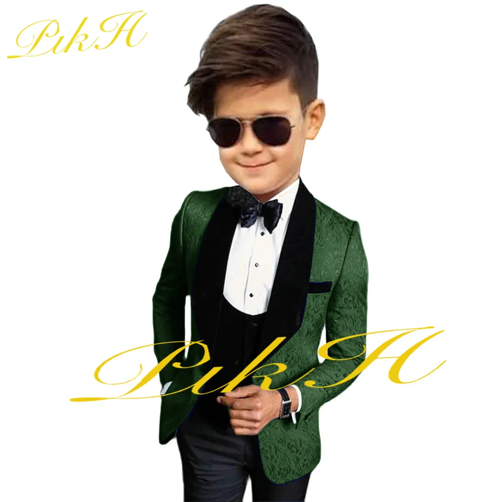 Dark Green Boys Suit Wedding Tuxedo Floral Jacket Pants Vest Three Piece Kids Party Blazer Set Fashion Child Clothes