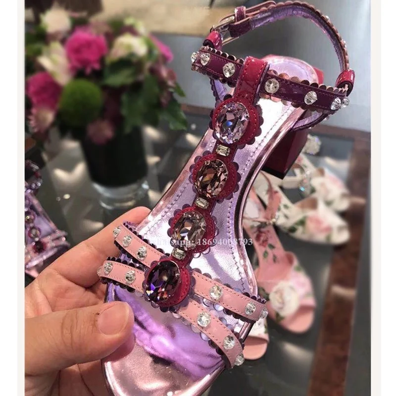 

New Rhinestone Sandals Crystal Chunky High Heel Ankle Buckle Open Toe Women Sandals Gold Heels Summer Shoes For Women Sandals