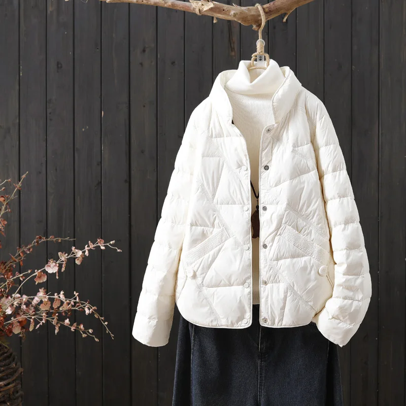 

Зимняя одежда 2023, новинка, блестящее и тонкое пальто с воротником-стойкой, женское однобортное простое и модное белое пальто Du