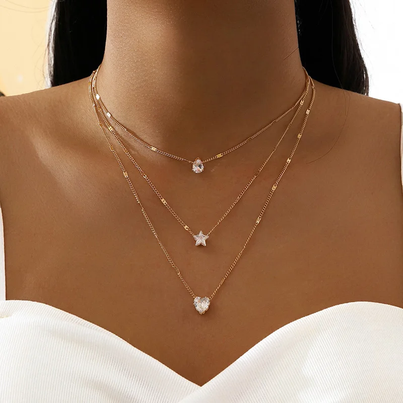 

Crystal Zircon Heart Star Charm Layered Pendant Necklace Set for Women Charms Fashion Square Rhinestone Female Vintage Jewelry