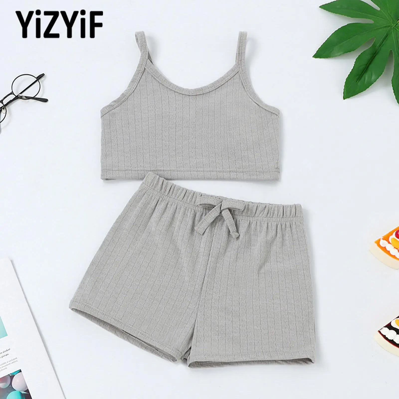 

Kids Girls Casual Sport Outfits Yoga Suit Solid Color Shoulder Straps Top Elastic Waist Shorts Children's Clothes Set Home Wear