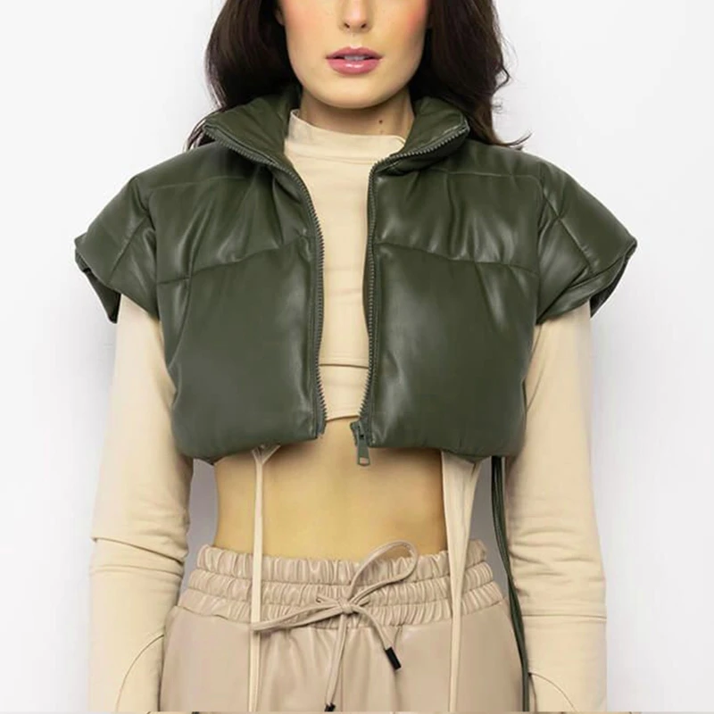 

Женский зимний пуховик без рукавов с высоким воротником, однотонный укороченный стеганый пуховик на молнии, жилет, безрукавка