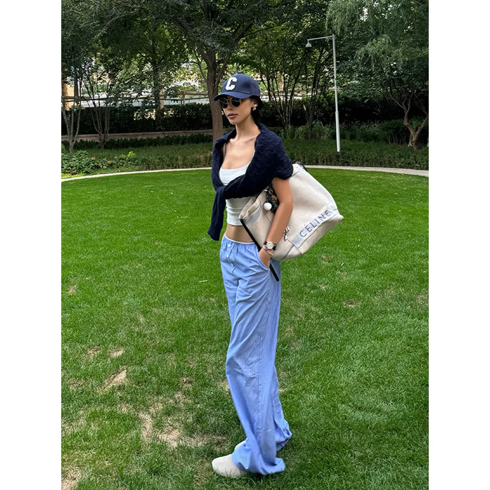 VanessaLab Синие полосатые свободные кружевные пуговицы с низкой талией Ленивые