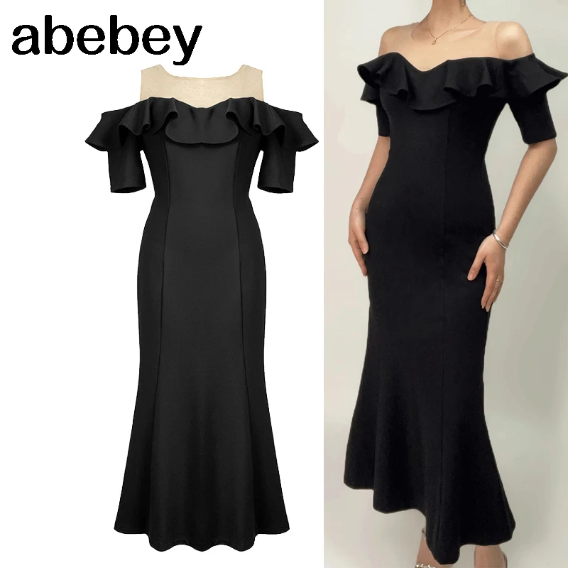 

Women Design Fashion Slim Elegant Vintage Black Mermaid Midi Long Party Dinner Dresses Cold the Shoulder Elbise Frocks