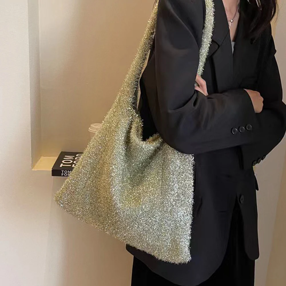 Y2K Вязаная Женская Сумка-тоут С Золотой Нитью Красивая Художественная