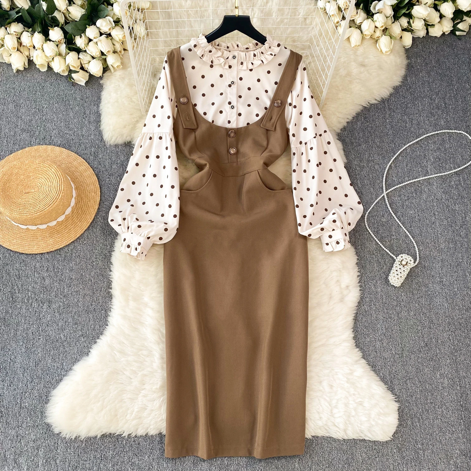 

Clothland Women Elegant Dot Blouse Dress Suit Ruffled Long Sleeve Shirt Suspender Midi Dresses Fashion Two Piece Set TA268
