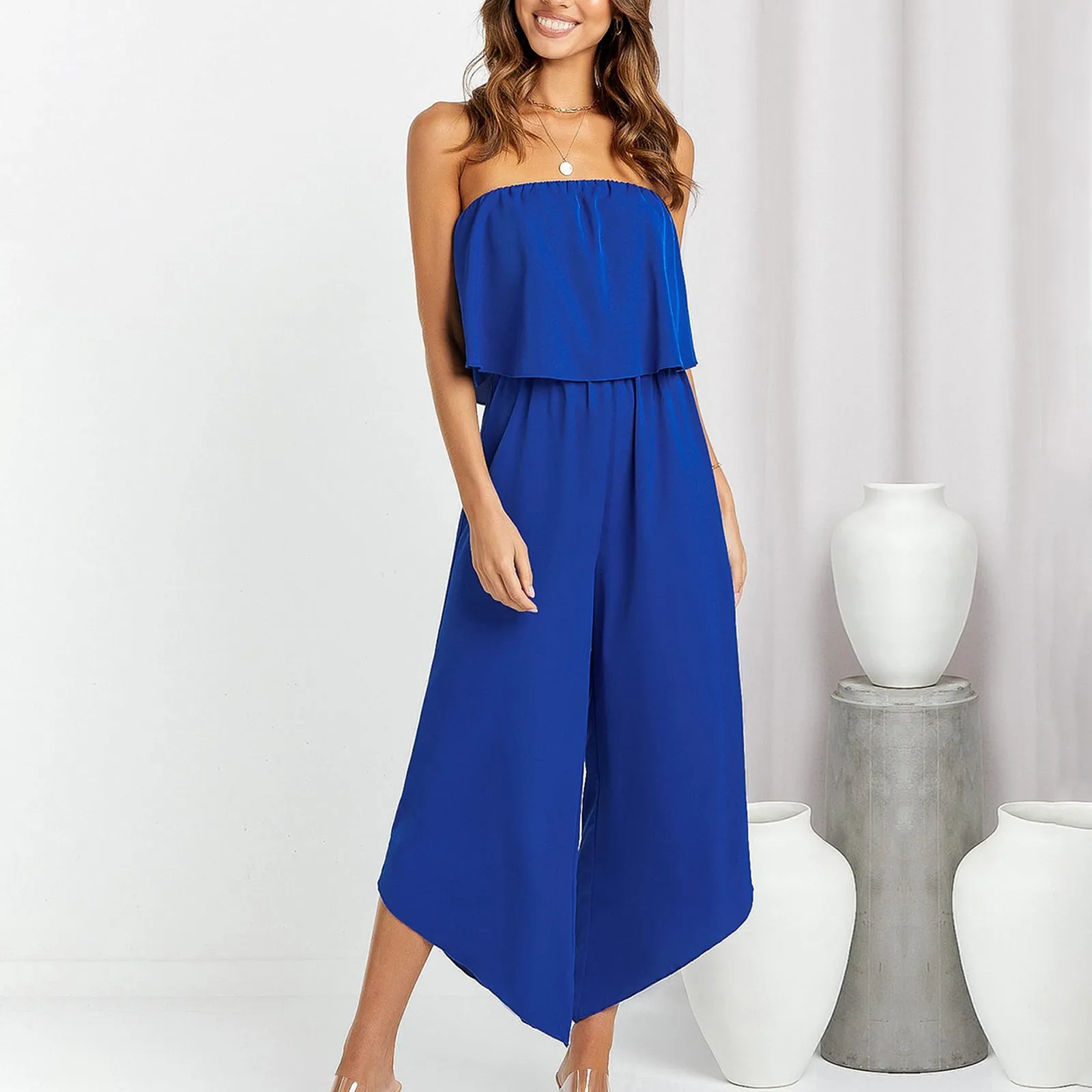 

Womens Off Shoulder Romper Casual Strapless Wide Leg Pants Jumpsuit Combinaison Femme