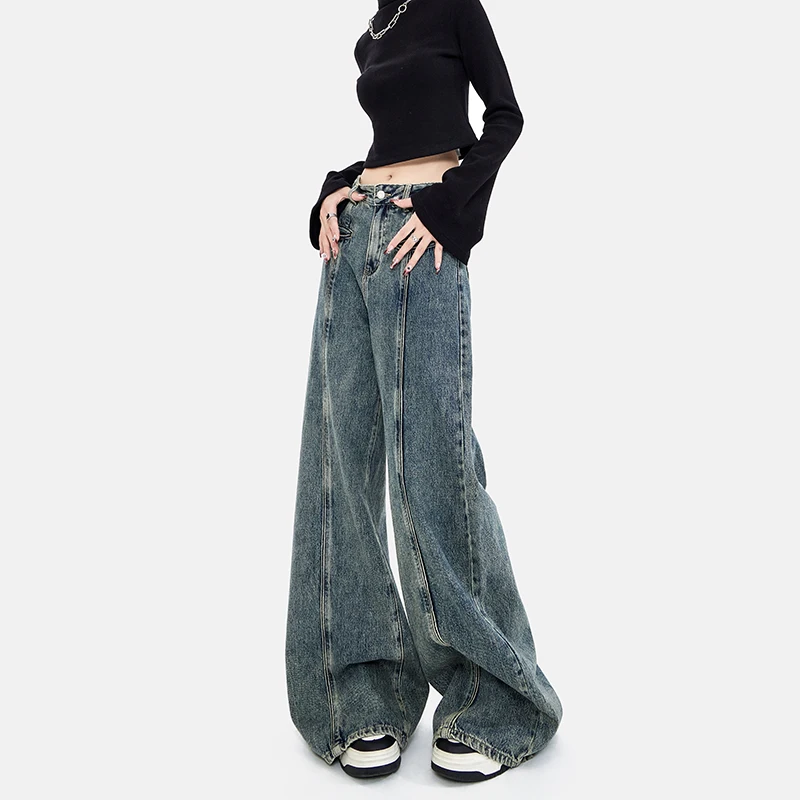 Autumn and Winter New Jeans Women's Straight Loose Wide-Leg Pants Washed Slimming Retro Slim Fit Mop Trousers