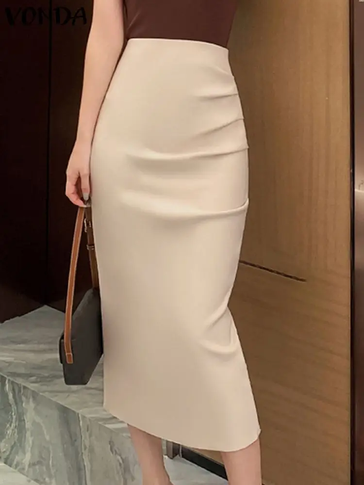 

Summer High Waist Skirts 2023 VONDA Women Elegant Office Skirt Streetwear Solid Color Zipper Pleated Ruffled Midi Bottoms