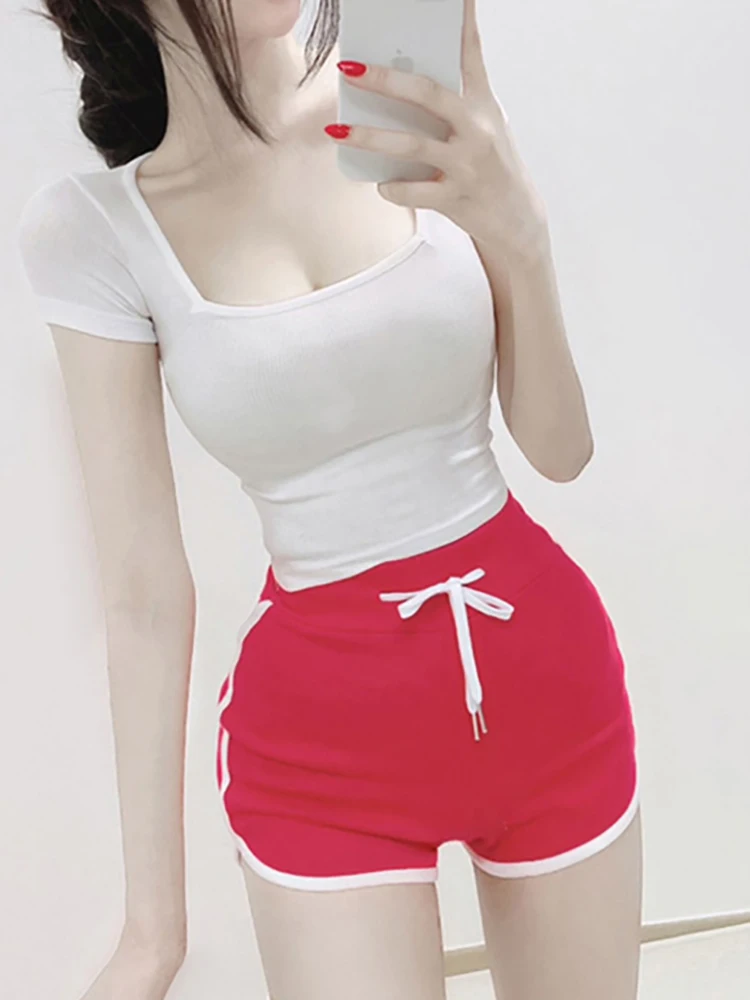 Укороченный топ хлопковые базовые футболки Женские однотонные с квадратным