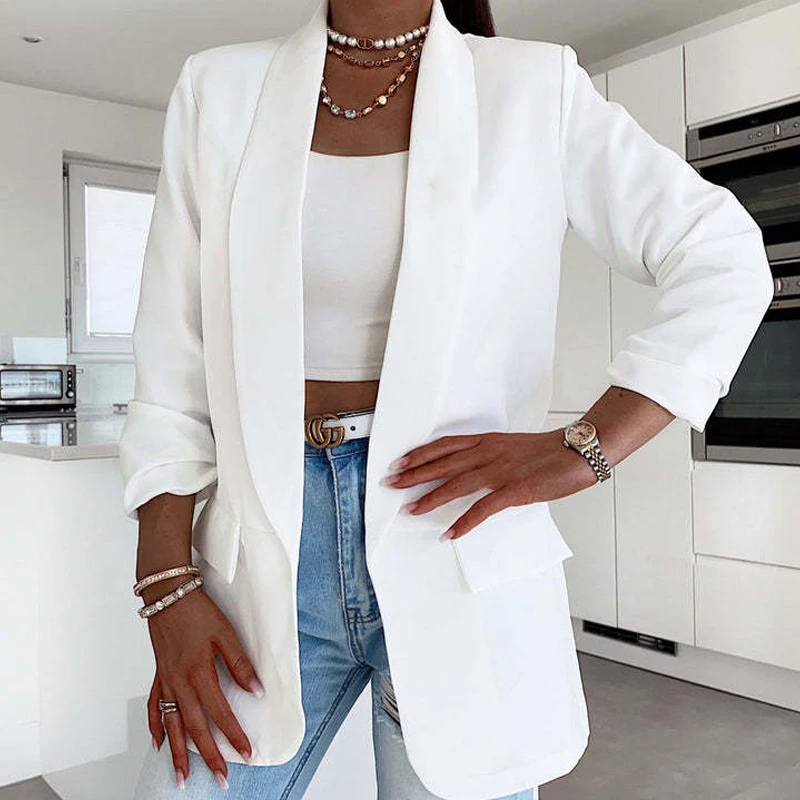 

Элегантная простая куртка с отложным воротником, Женская Весенняя однотонная облегающая Офисная Женская верхняя одежда, пальто, осенняя ул...