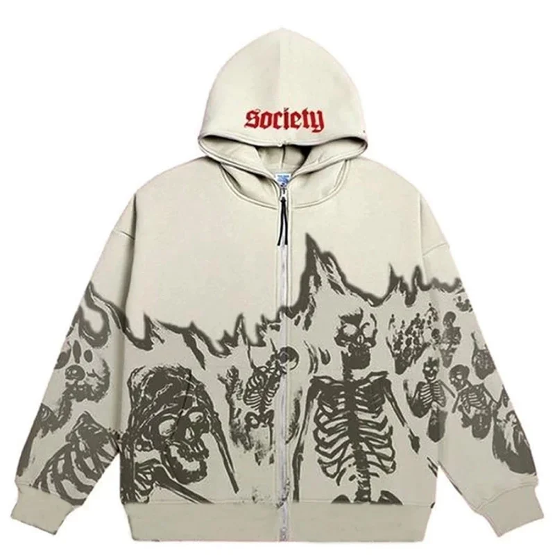 

Women Skeleton Print Hoodies Autumn Punk Hip Hop Zip Up Oversized Hooded Jacket Streetwear Female Gothic Long Sleeve Sweatshirts