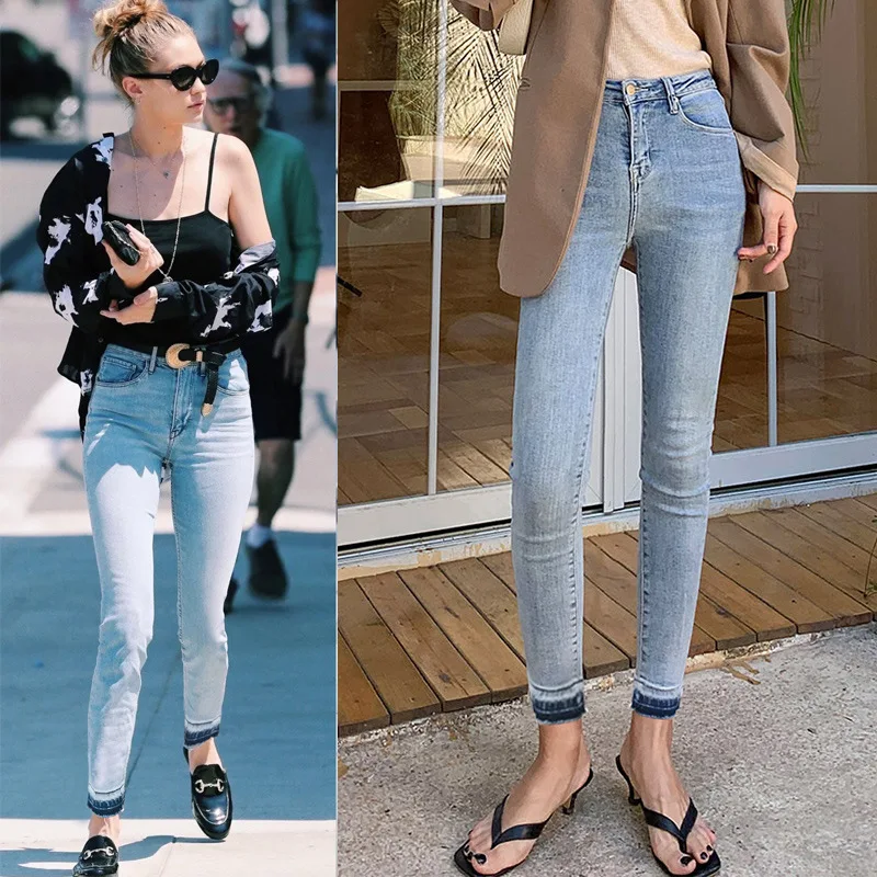 

Fashion Classic Trendy luxury design Spring / Summer 22 New Blue Fringed Small Leg Elastic Jeans Women