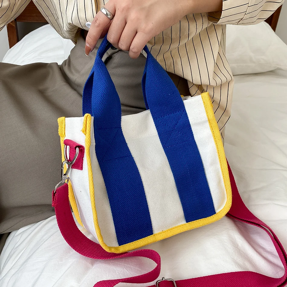 

Candy Color Stripe Women's Small Totes Bag Panelled Canvas Shoulder Messenger Bags for Women Fashion Lady Designer Crossbody Bag