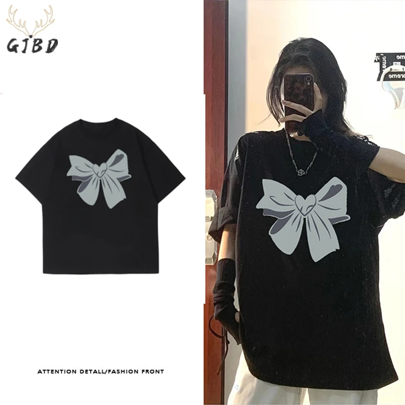 

Summer Black Short Sleeve Women's T-Shirt Round Neck Streetwear Bow Print Baggy Plus Size Casual Korean Fashion Oversized Tops