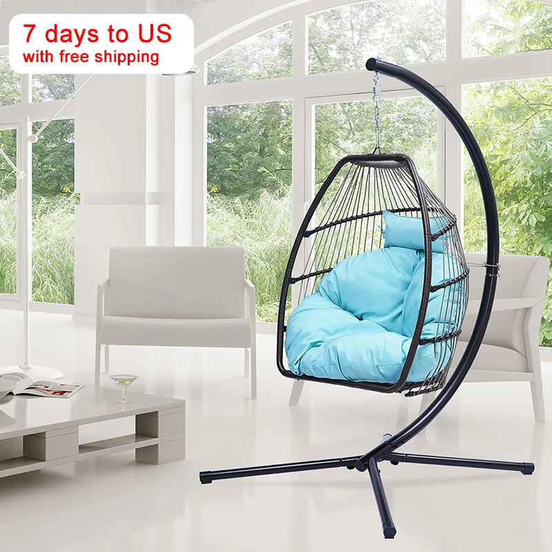 

Indoor Outdoor Patio Blue C Type bracket Rattan Swing Hammock Egg Wicker folding Hanging with stand