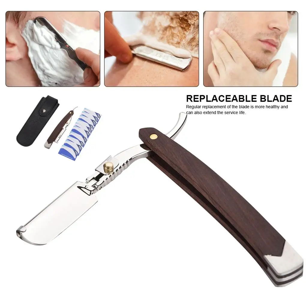 

Retro Wood Handle + 10pcs Blade Head Shaving Razor Folding Shaver Male Face Cleansing Care Tool