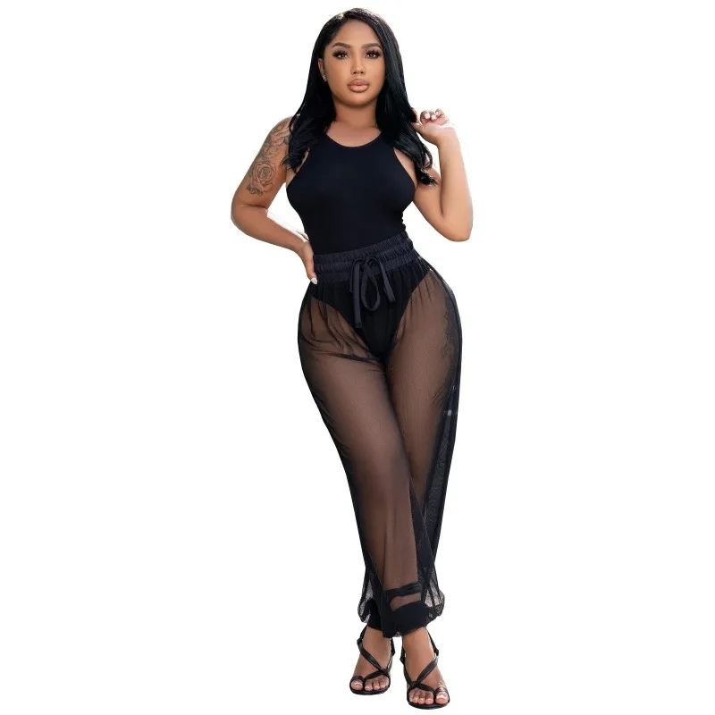 

Two Piece Set Women Sleeveless Tank Bodysuit Tops Matching Set Summer Fashion Mesh See Through Pant Suits Sexy Clubwear Outfits