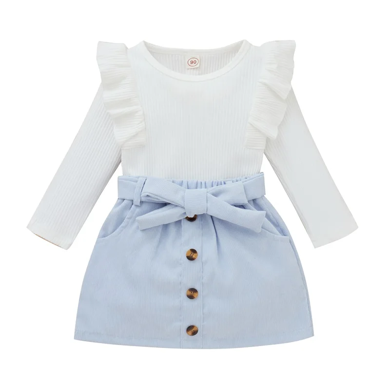 

Одежда для маленьких девочек, комплект из 2 предметов, детский трикотажный топ в рубчик с оборками и длинным рукавом, Однотонная юбка-каранд...