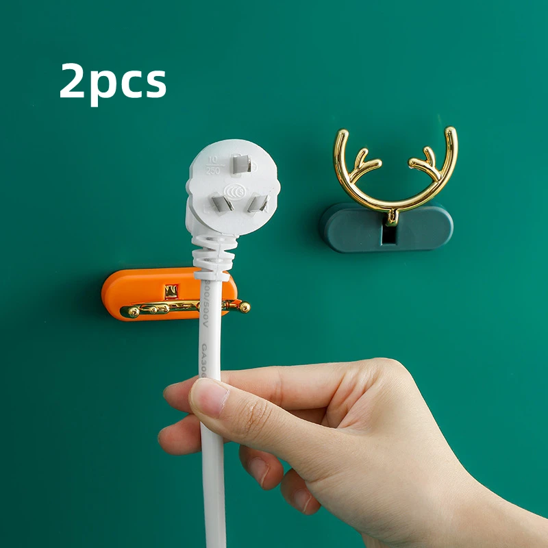 

2pcs Home Decorate Wall-Mounted Free Punch Key Sticky Hook Kitchen Plug Holder Storage Rack Charger Antler Socket Organize Hooks